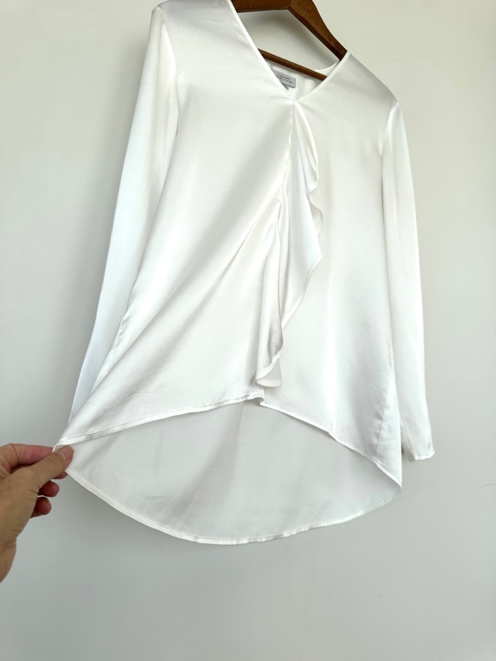 Tahari V-Neck Ruffle Detail Long Sleeve Blouse, White Satin - Picture 8 of 12